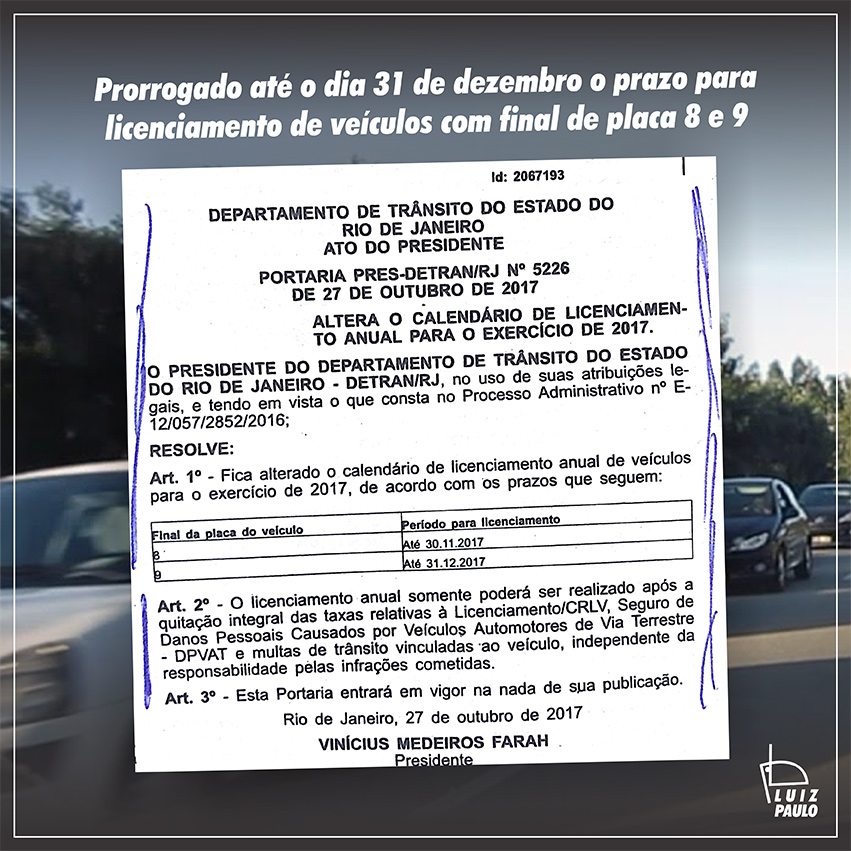 Prorrogado  prazo para licenciamento para  veículos com final de placa 8 e 9