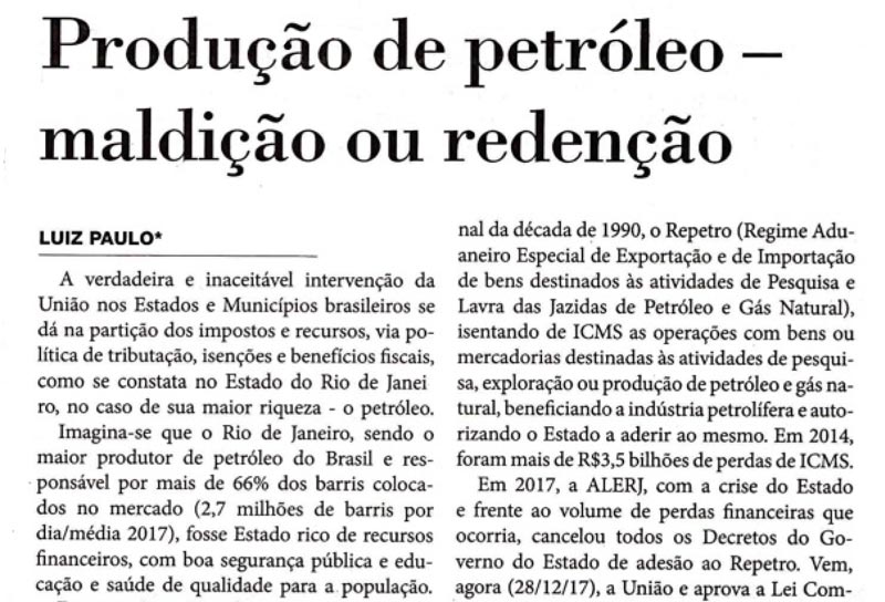 Produção de Petróleo – maldição ou redenção