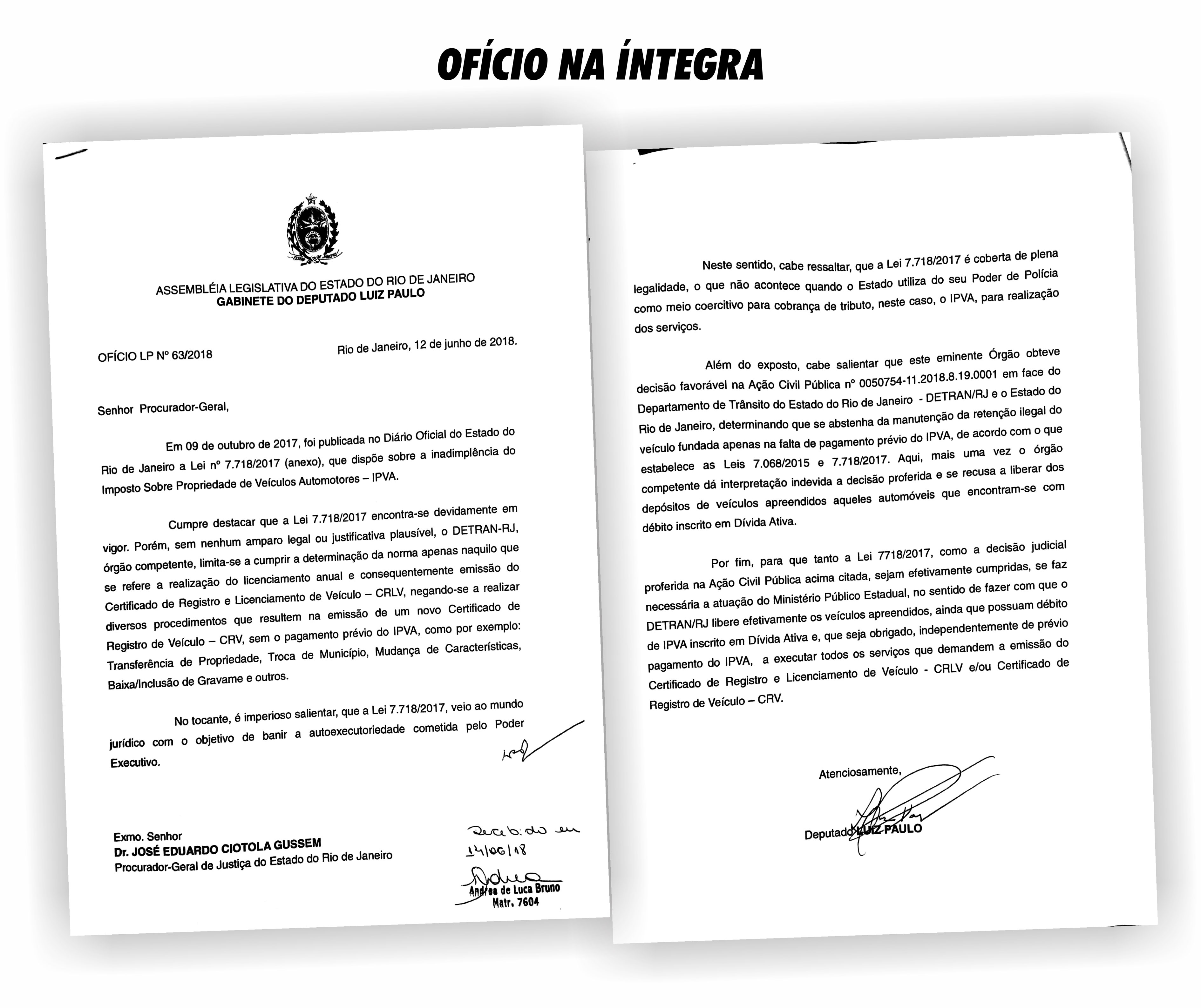 Luiz Paulo vai ao MP e pede o cumprimento integral da lei da vistoria sem IPVA