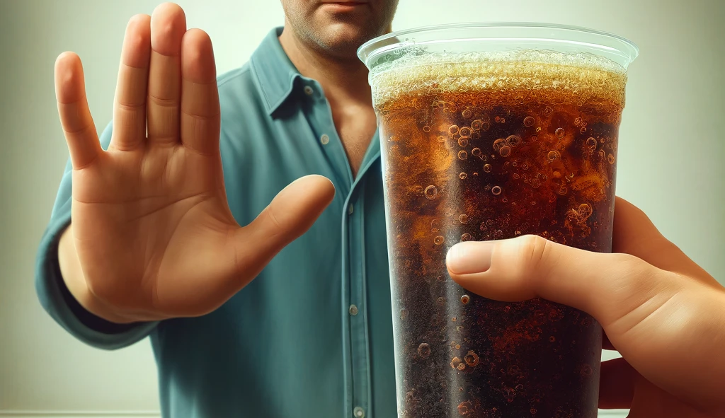 DALL·E 2024-05-12 07.26.25 – A realistic image of a person rejecting a soda cup, with the soda being depicted as poison. The scene shows a middle-aged Caucasian man in a casual bl