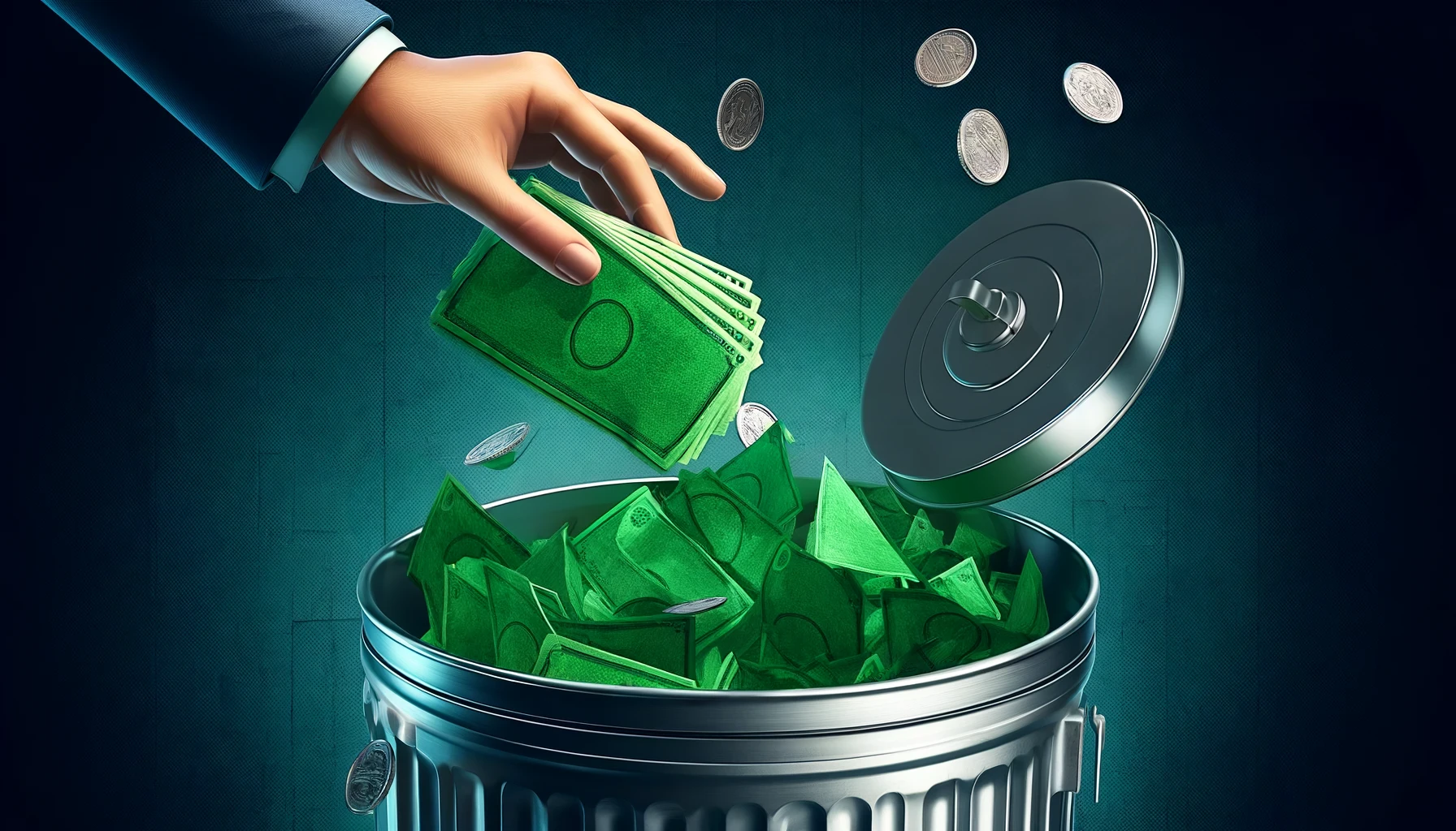 DALL·E 2024-05-13 02.41.59 – A dynamic illustration in a 16_9 ratio depicting generic green paper money being thrown into a trash can, without any reference to specific currencies